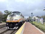 Southbound Sunrail Train # P319 pauses at Winter Park Depot with the locomotive in push mode 
